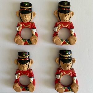 Vintage Christmas Bear Drummer Boy Set Of 4 Napkin Rings Holder Hand Painted New